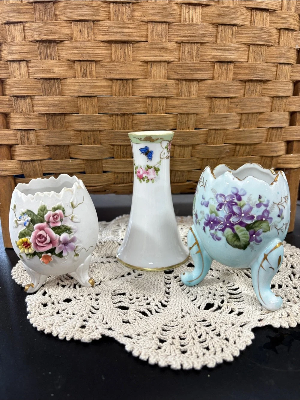 Vintage Ceramic Floral Egg vases and Nippon hat pin holder